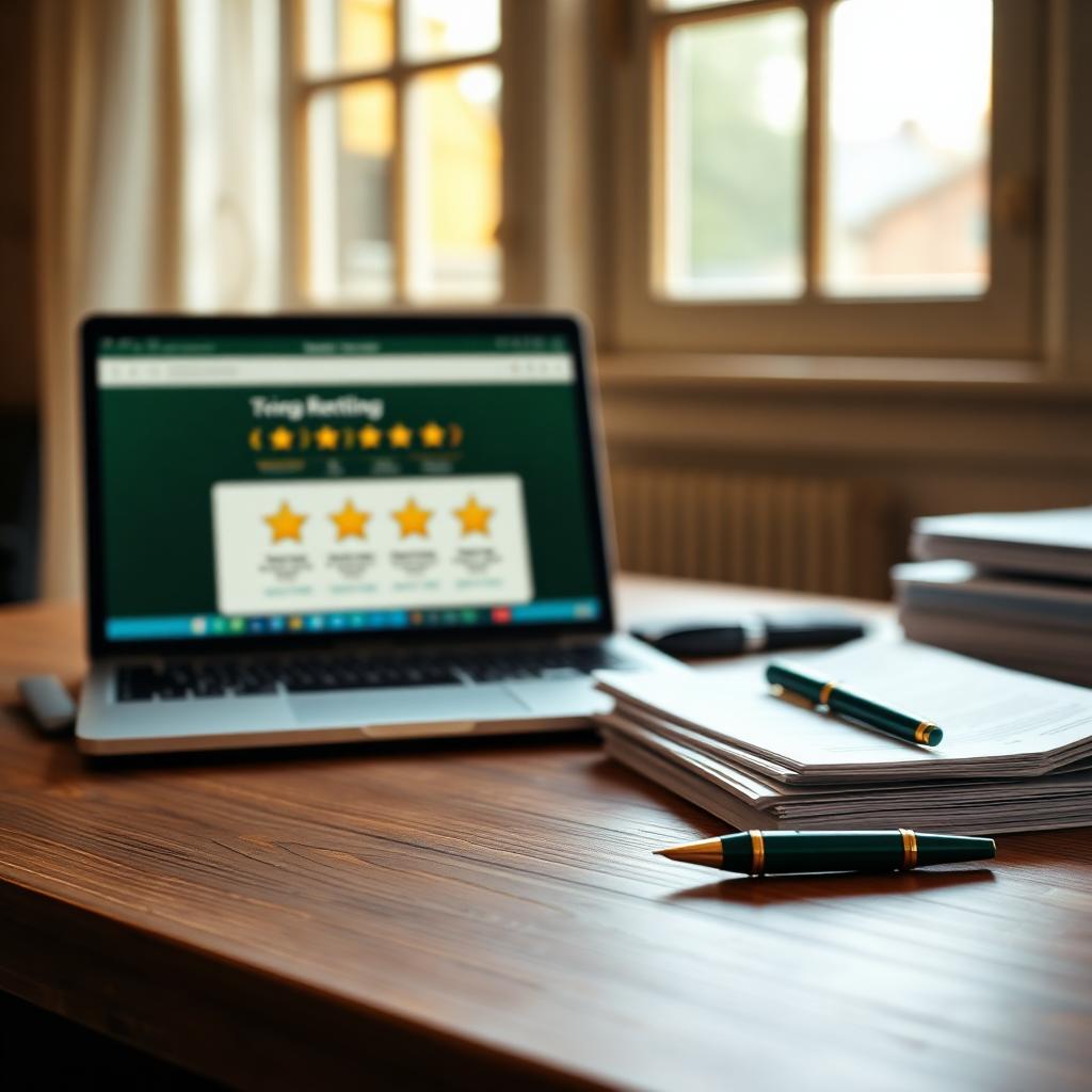 Laptop mit Bewertungsportal und gedruckten Berichten